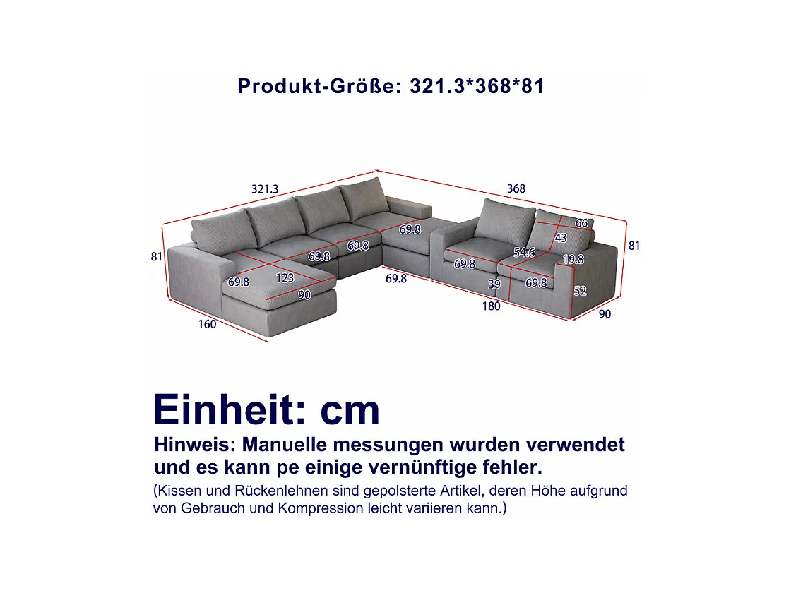 Canapé 6 Places d'angle modulable, en velours côtelé, avec Méridienne réversible, DIY salon, Gris clair