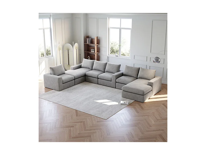 Canapé 6 Places d'angle modulable, en velours côtelé, avec Méridienne réversible, DIY salon, Gris clair