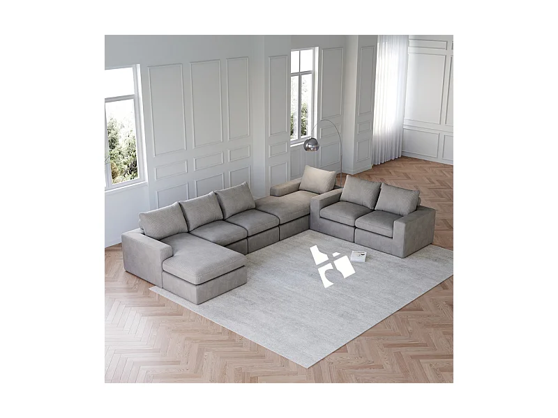 Canapé 6 Places d'angle modulable, en velours côtelé, avec Méridienne réversible, DIY salon, Gris clair