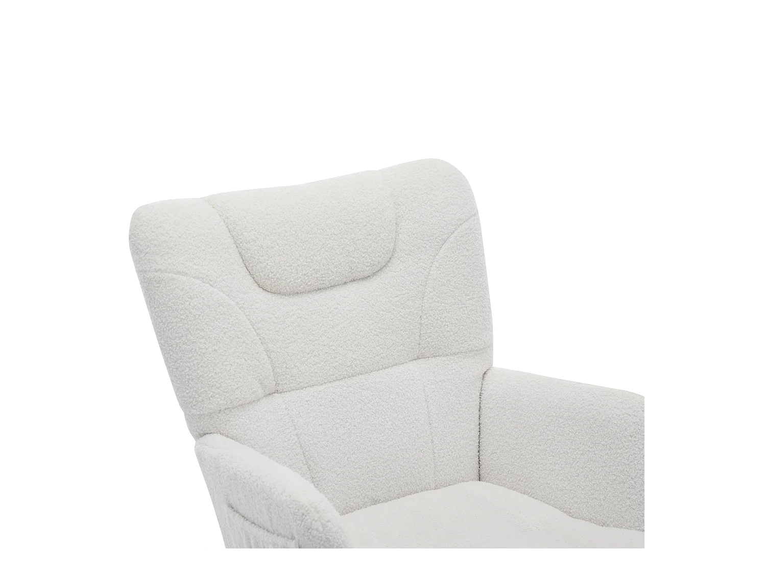 Mecedora blanca con reposapiés y respaldo alto, base de madera, tela teddy
