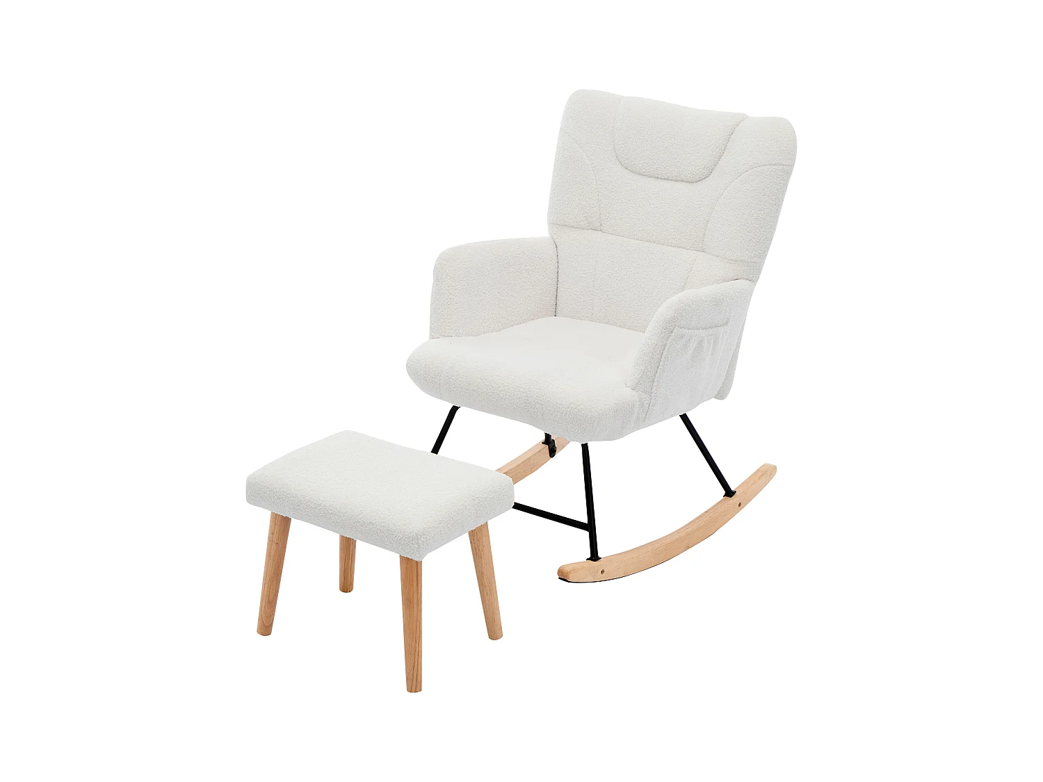 Mecedora blanca con reposapiés y respaldo alto, base de madera, tela teddy