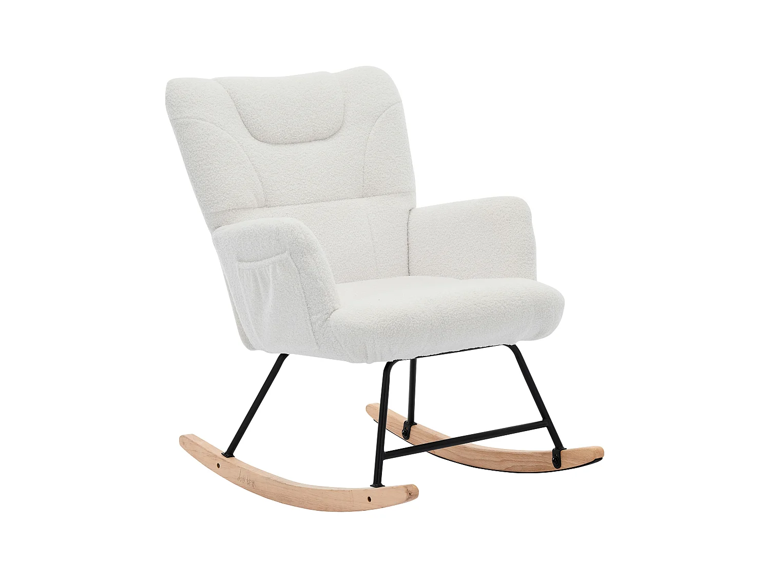 Mecedora blanca con reposapiés y respaldo alto, base de madera, tela teddy