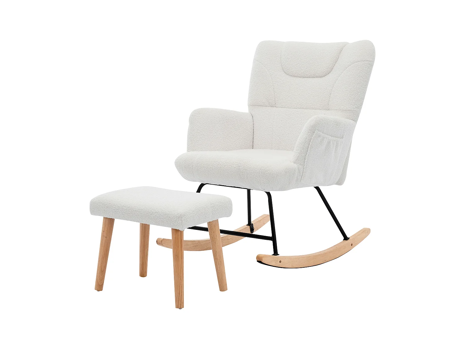 Mecedora blanca con reposapiés y respaldo alto, base de madera, tela teddy