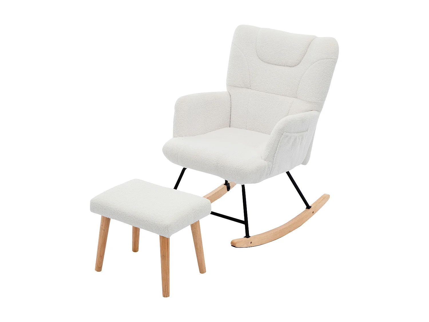Fauteuil à bascule blanc avec repose-pieds et dossier haut, base en bois,Rocking chair en tissu teddy