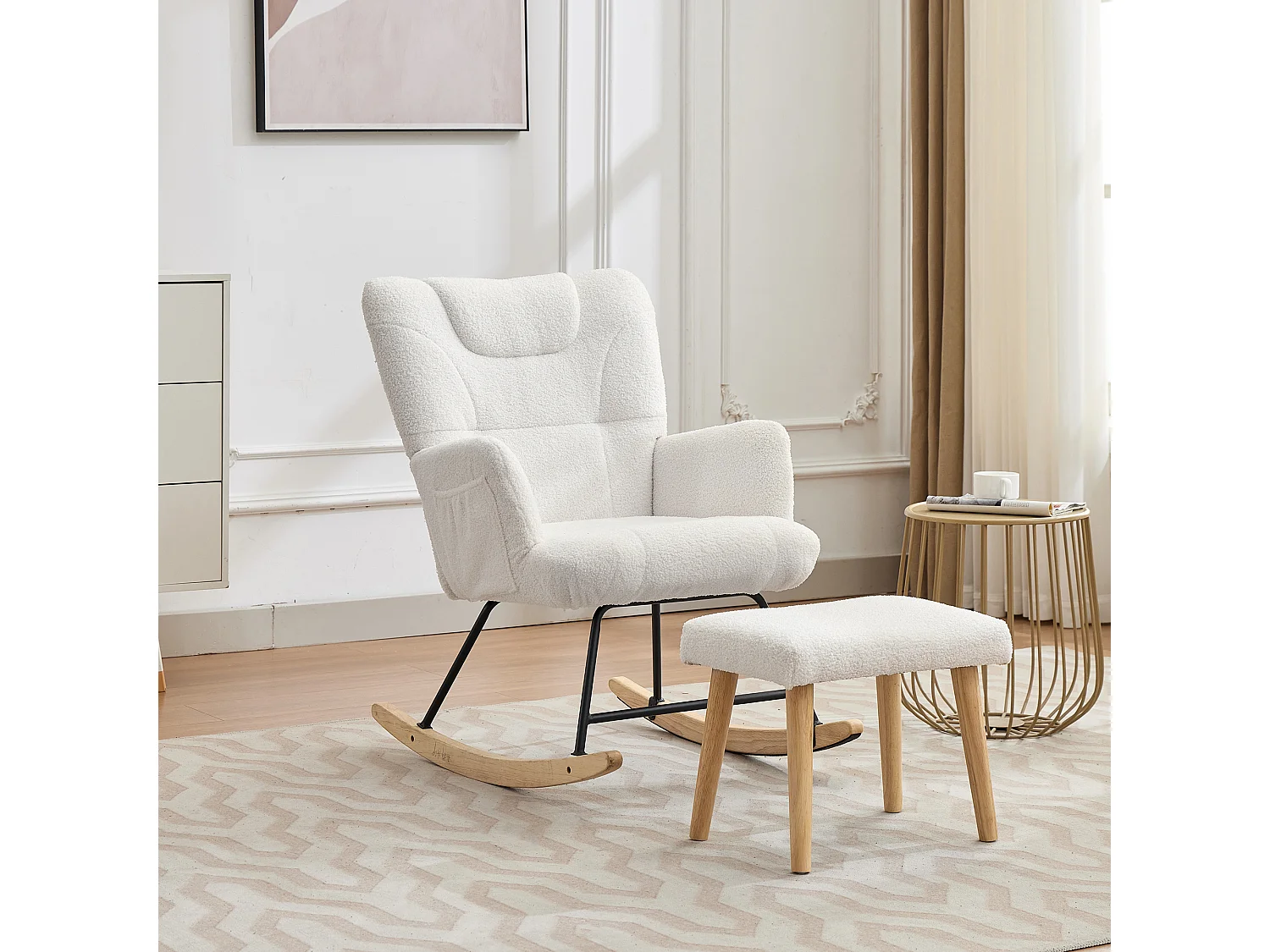 Fauteuil à bascule blanc avec repose-pieds et dossier haut, base en bois,Rocking chair en tissu teddy