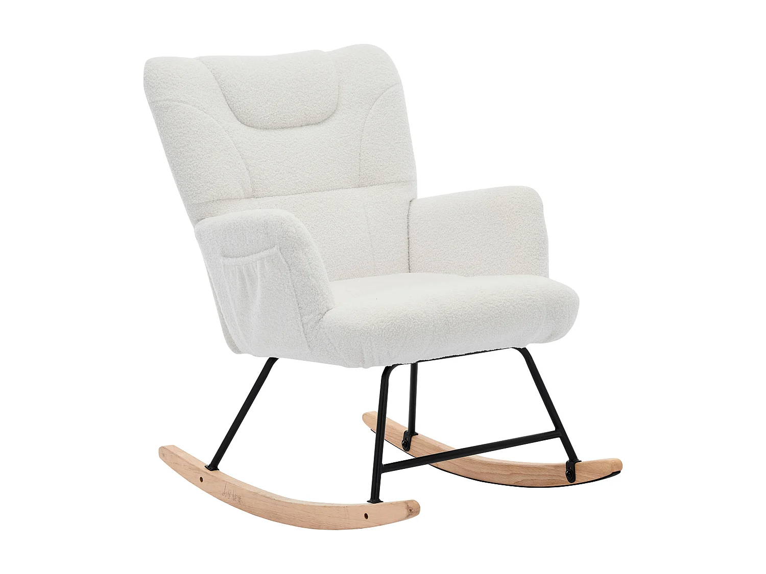 Fauteuil à bascule blanc avec repose-pieds et dossier haut, base en bois,Rocking chair en tissu teddy