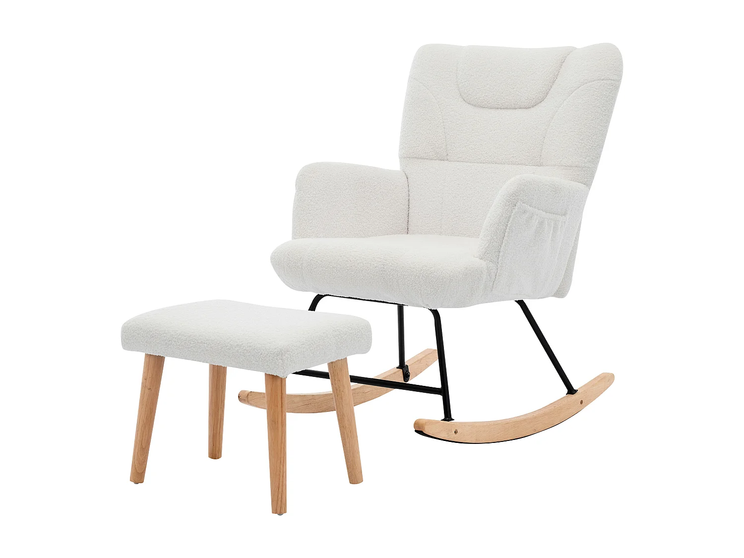 Fauteuil à bascule blanc avec repose-pieds et dossier haut, base en bois,Rocking chair en tissu teddy
