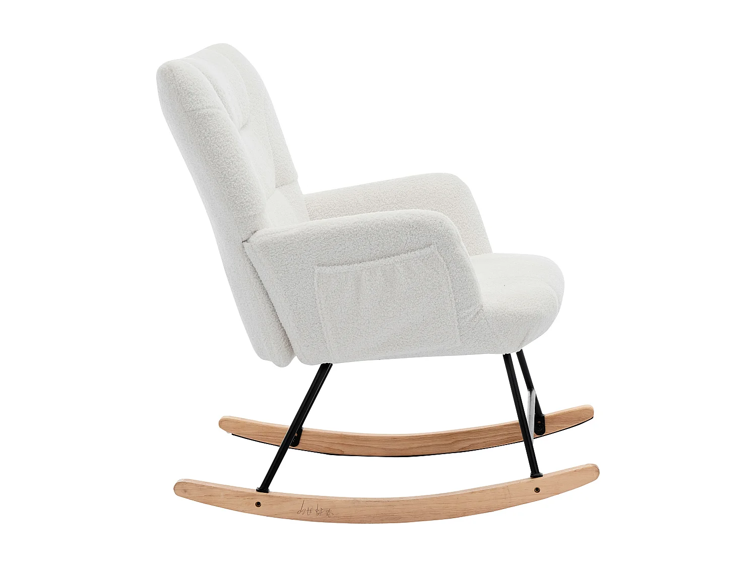 Fauteuil à bascule blanc avec repose-pieds et dossier haut, base en bois,Rocking chair en tissu teddy