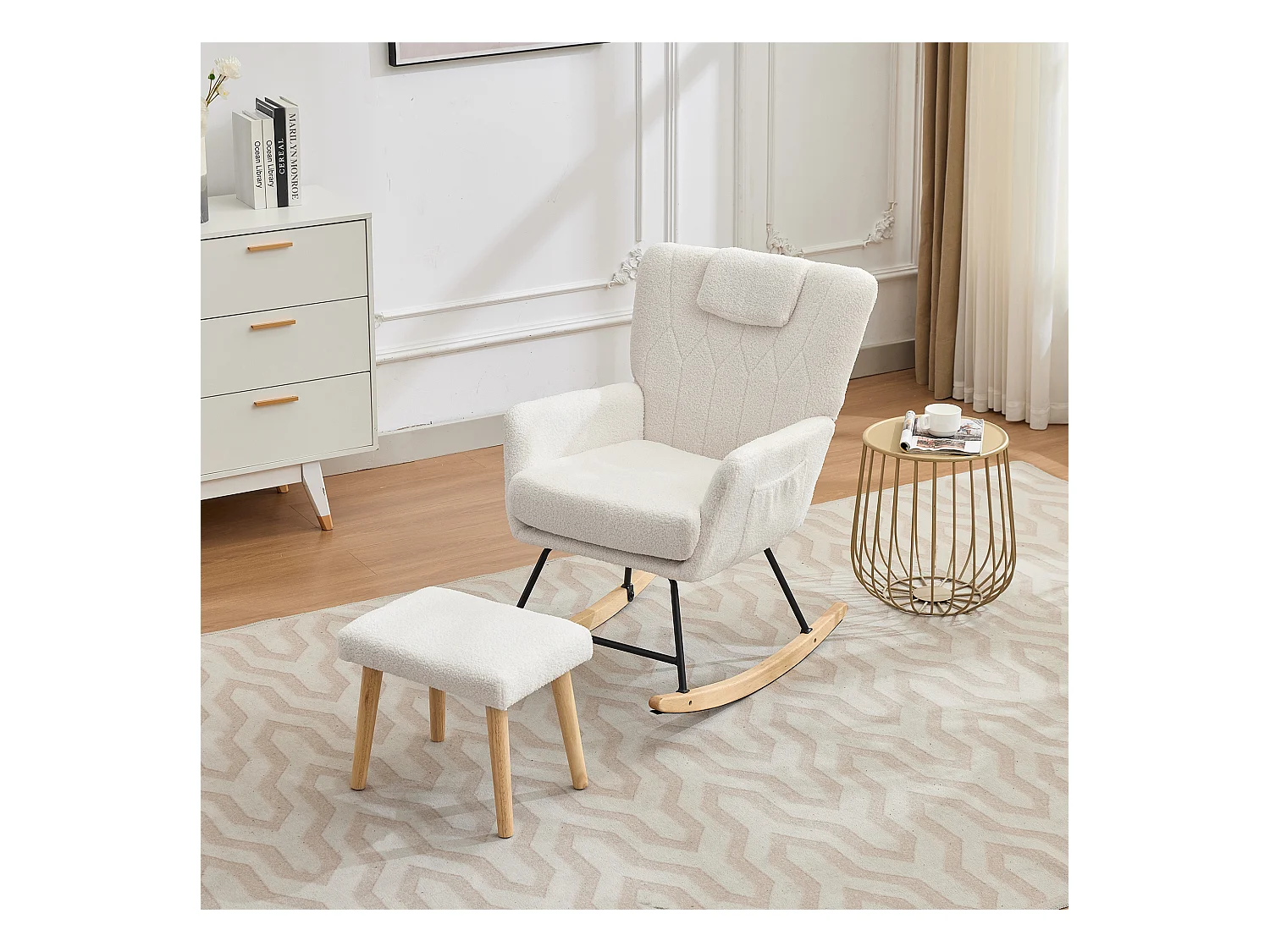 Rocking chair en tissu Teddy blanc，fauteuil à bascule avec repose-pieds et poches latérales