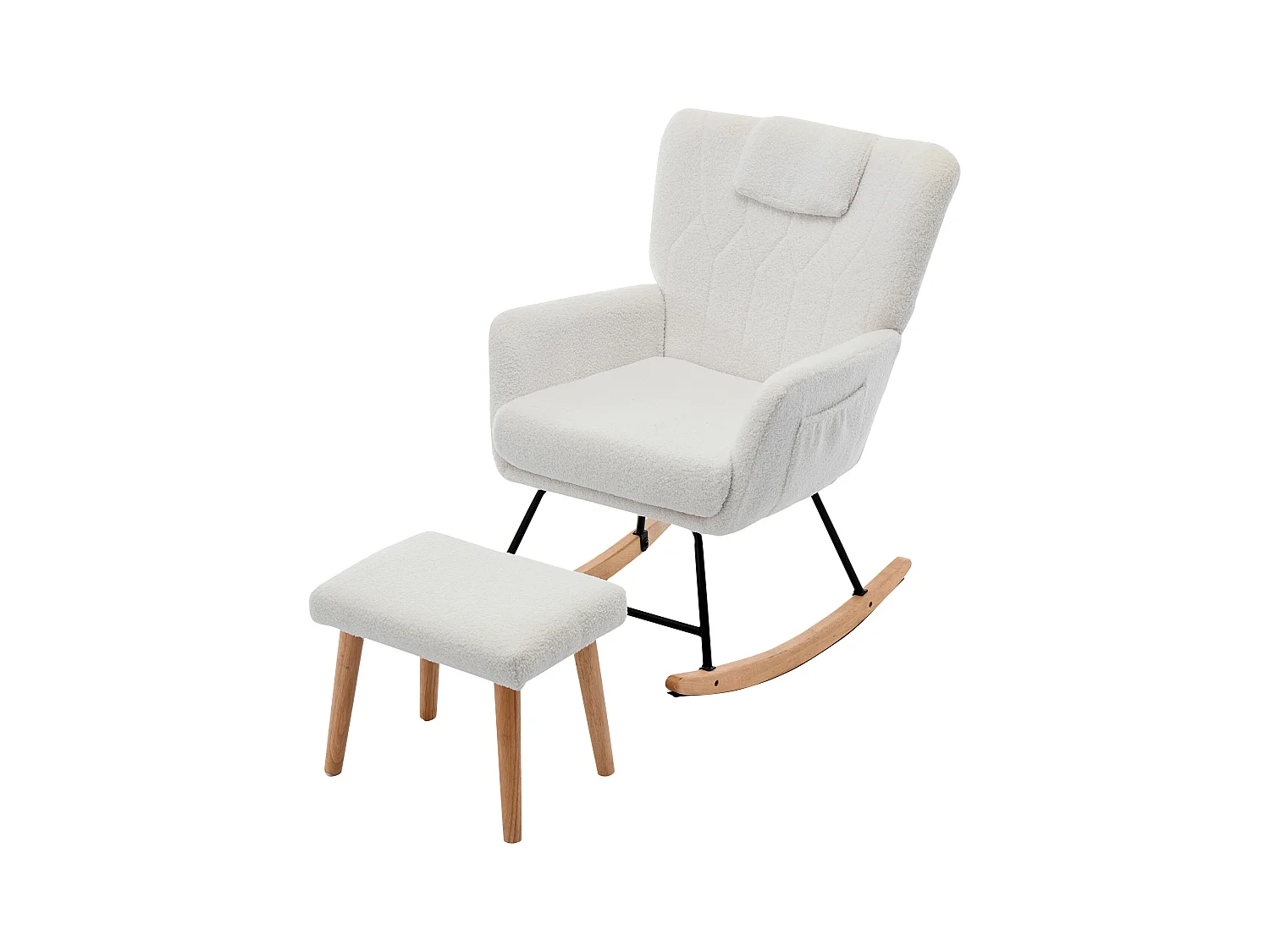 Mecedora en tejido Teddy blanco con reposapiés y bolsillos laterales.
