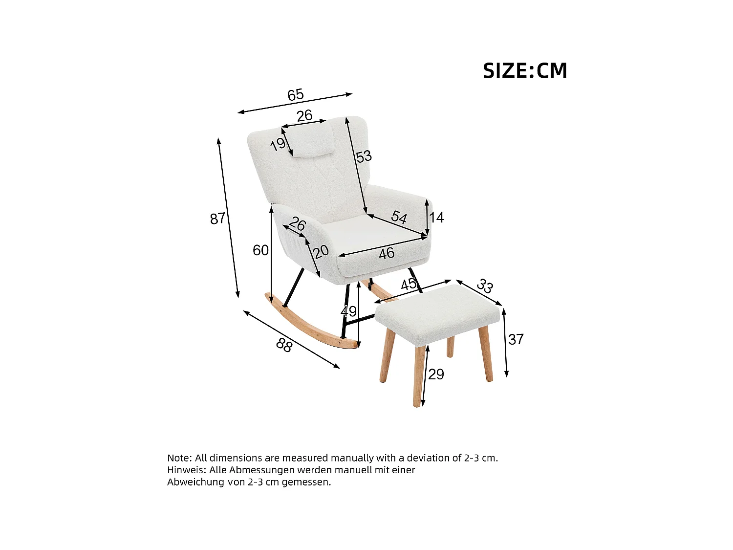 Mecedora en tejido Teddy blanco con reposapiés y bolsillos laterales.