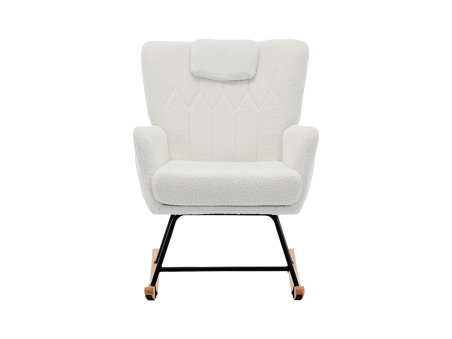 Mecedora en tejido Teddy blanco con reposapiés y bolsillos laterales.