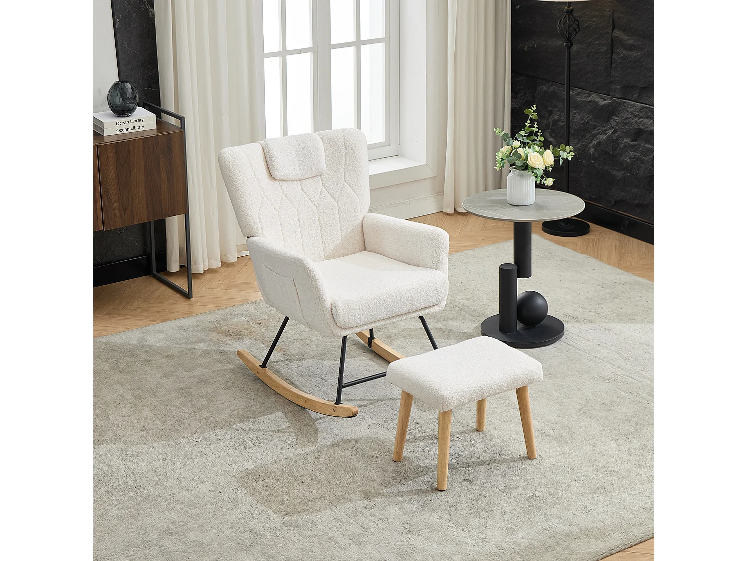 Rocking chair en tissu Teddy blanc，fauteuil à bascule avec repose-pieds et poches latérales