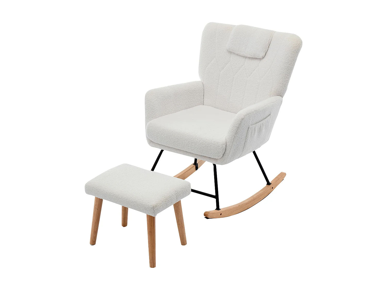 Rocking chair en tissu Teddy blanc，fauteuil à bascule avec repose-pieds et poches latérales
