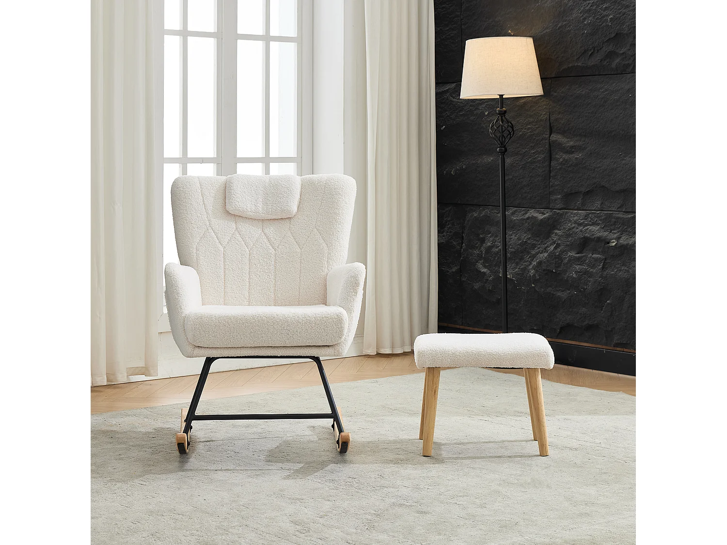 Rocking chair en tissu Teddy blanc，fauteuil à bascule avec repose-pieds et poches latérales