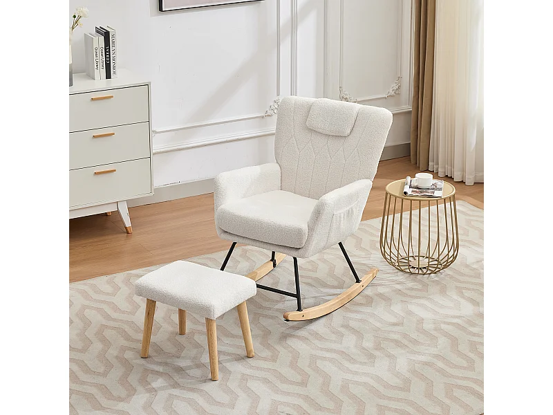 Rocking chair en tissu Teddy blanc，fauteuil à bascule avec repose-pieds et poches latérales