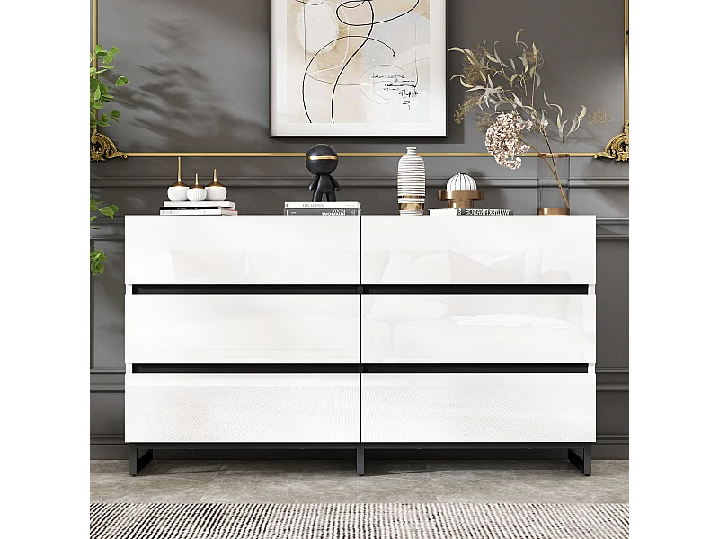 Cassettiera bianca con 6 cassetti in finitura lucida, gambe in metallo nero