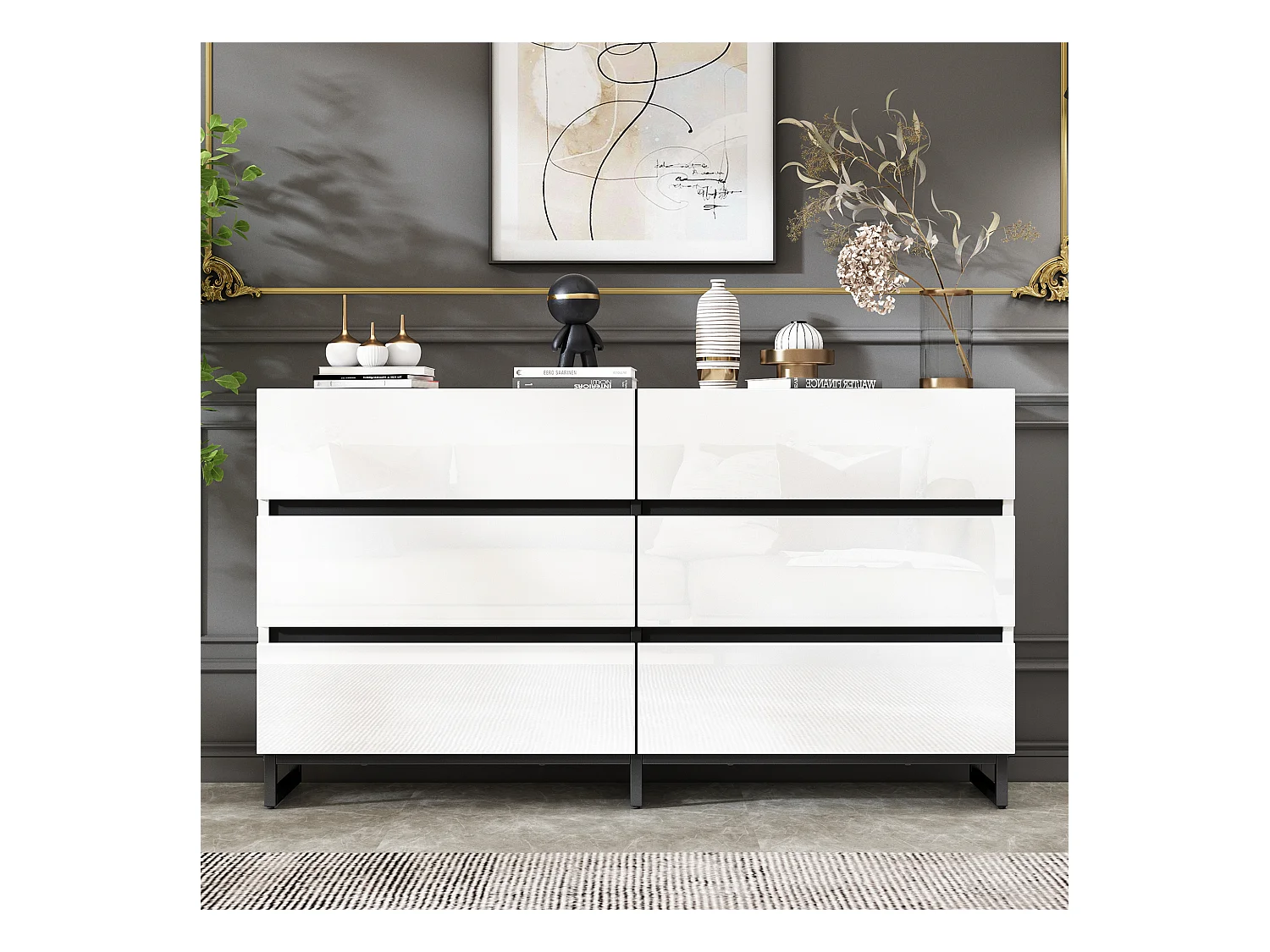 Cassettiera bianca con 6 cassetti in finitura lucida, gambe in metallo nero