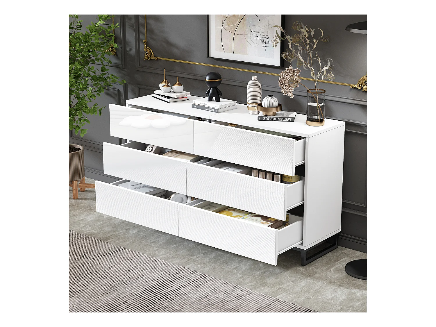 Commode blanche avec 6 tiroirs en finition brillante , pieds en métal noir