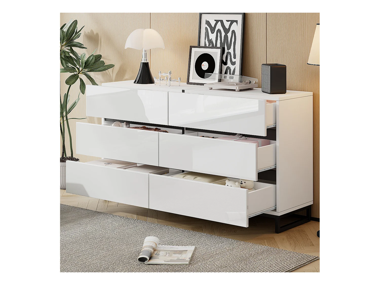 Commode blanche avec 6 tiroirs en finition brillante , pieds en métal noir