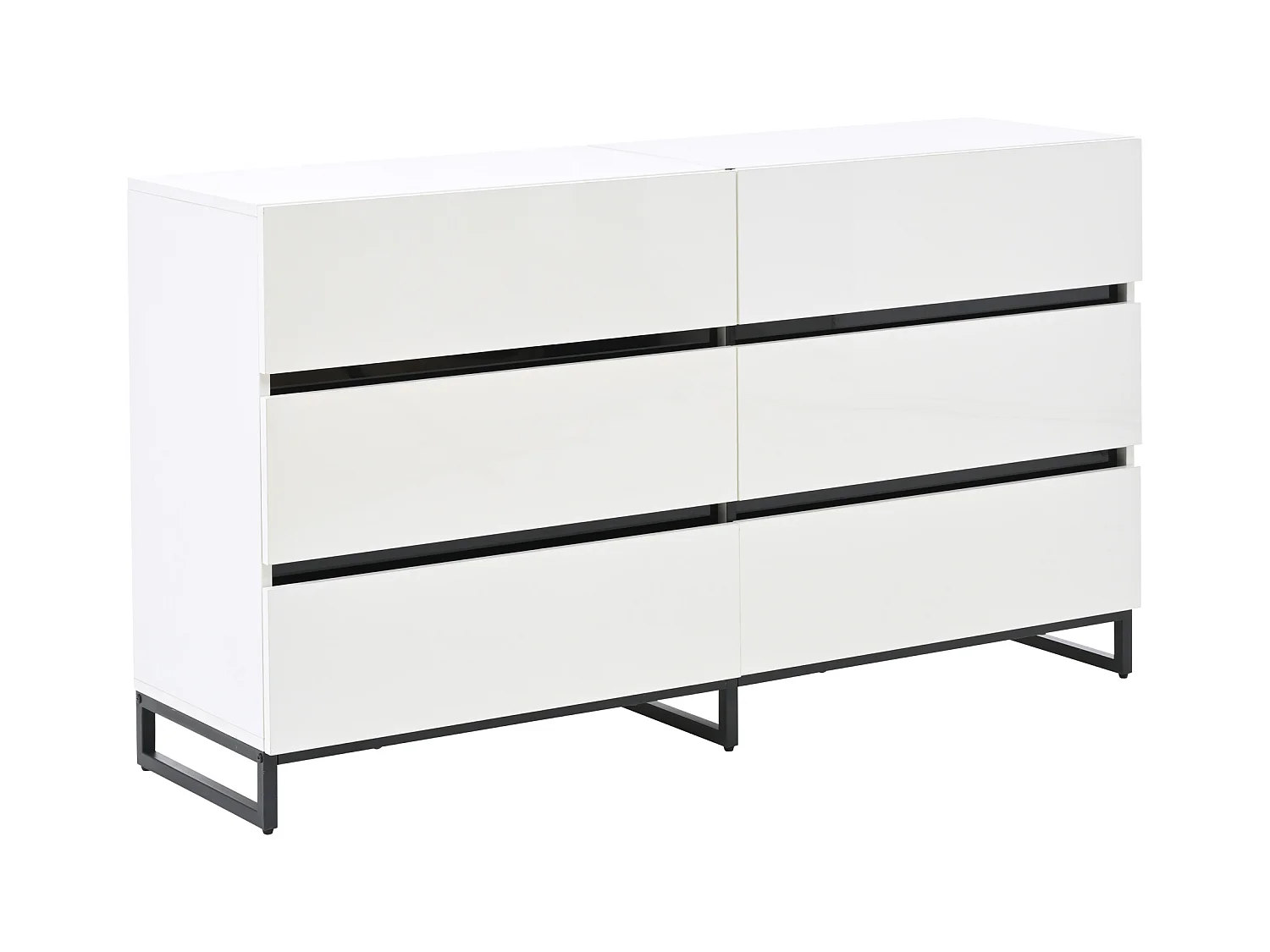 Commode blanche avec 6 tiroirs en finition brillante , pieds en métal noir