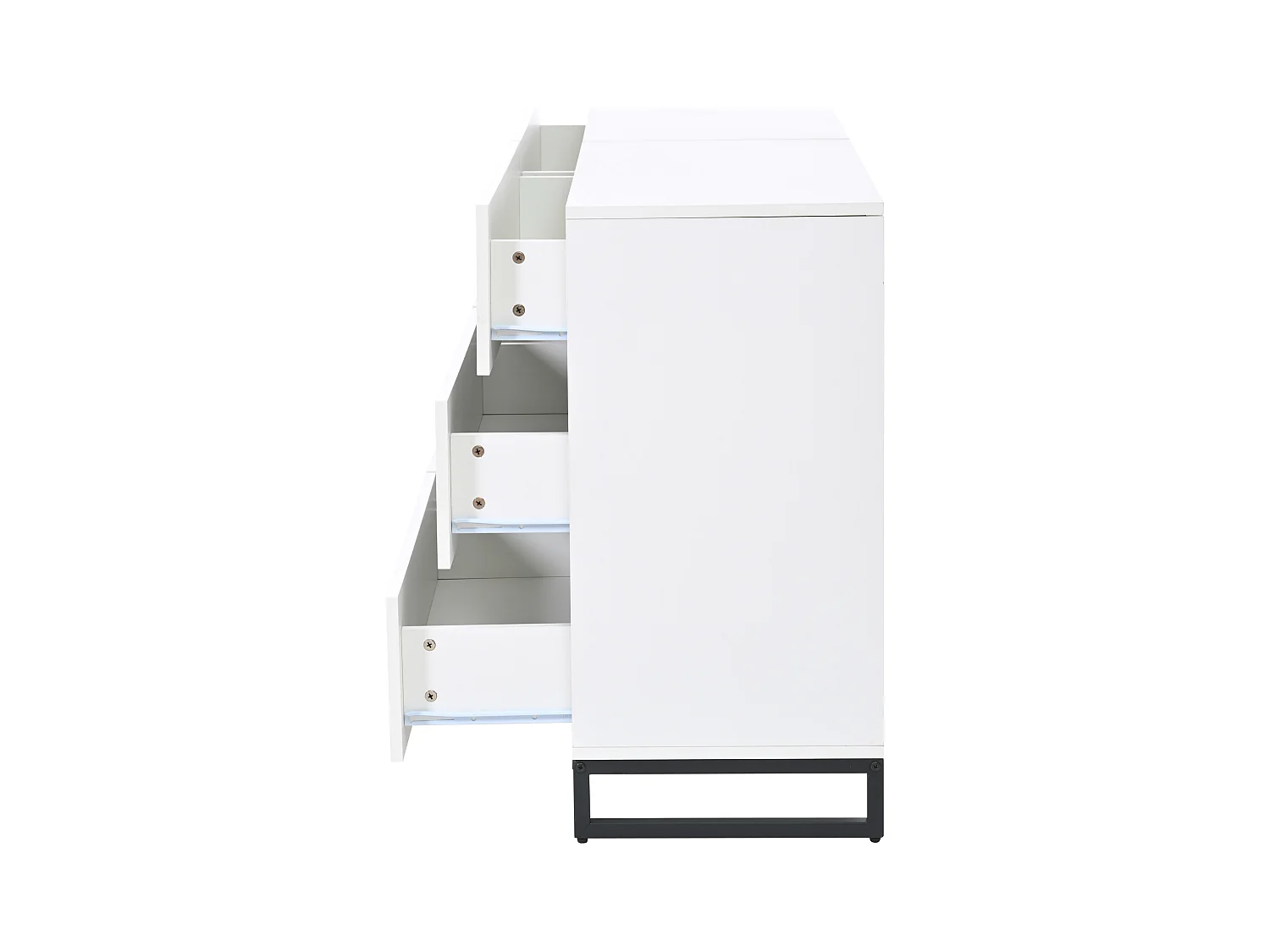 Commode blanche avec 6 tiroirs en finition brillante , pieds en métal noir