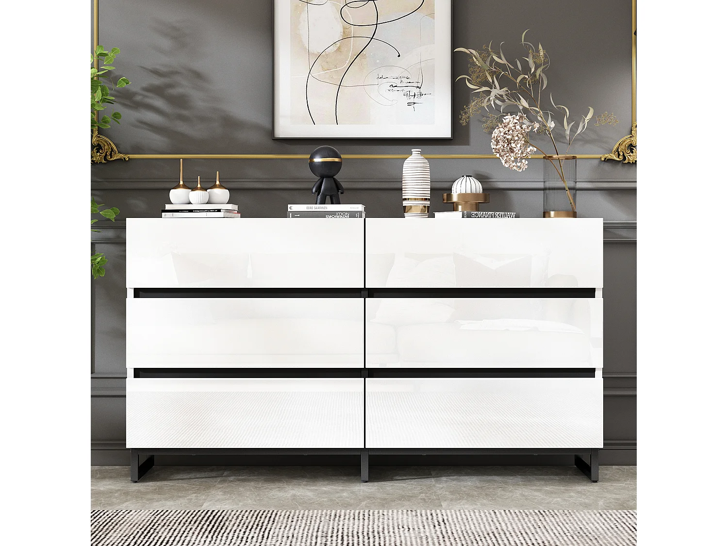 Commode blanche avec 6 tiroirs en finition brillante , pieds en métal noir