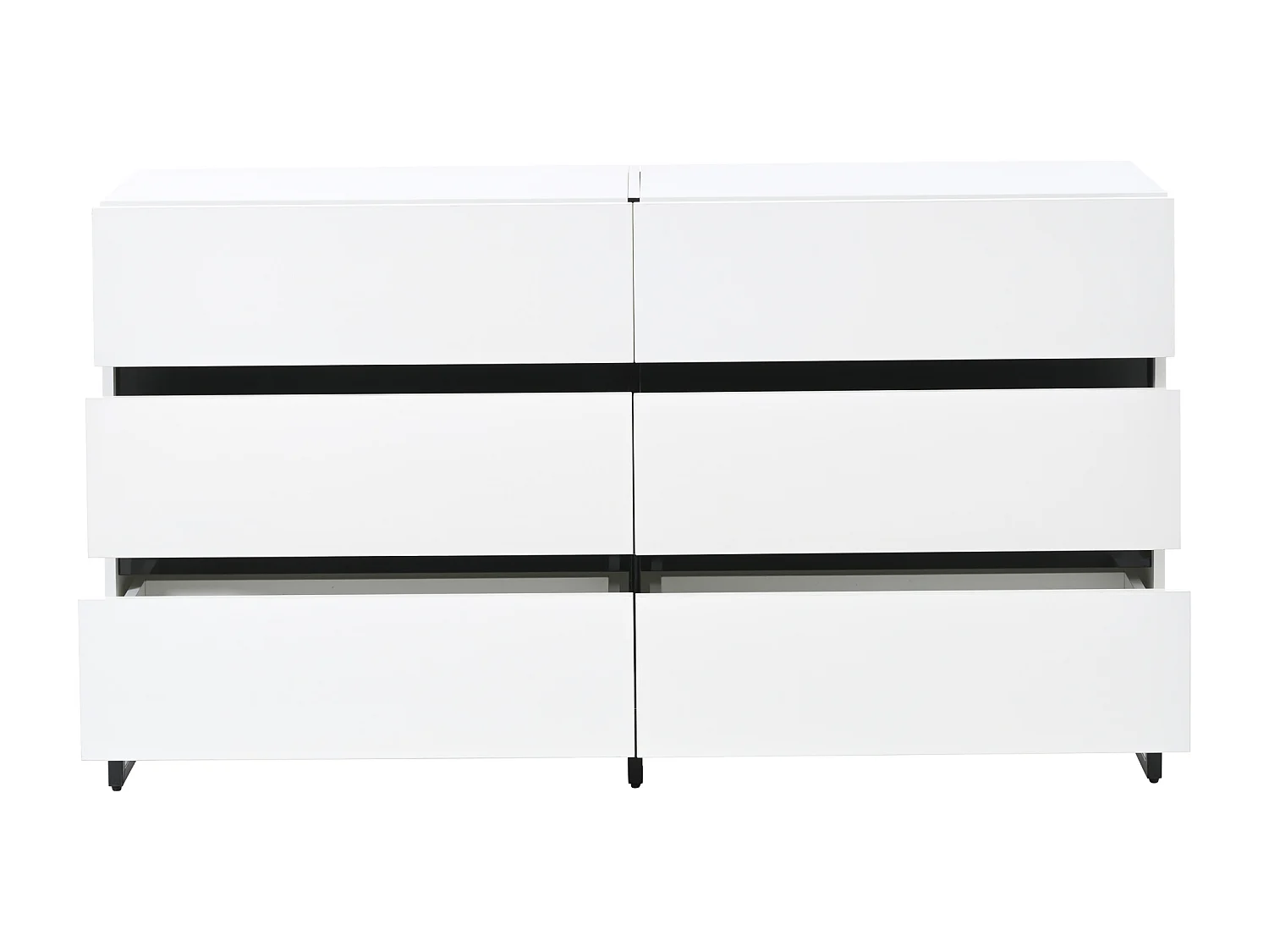 Commode blanche avec 6 tiroirs en finition brillante , pieds en métal noir