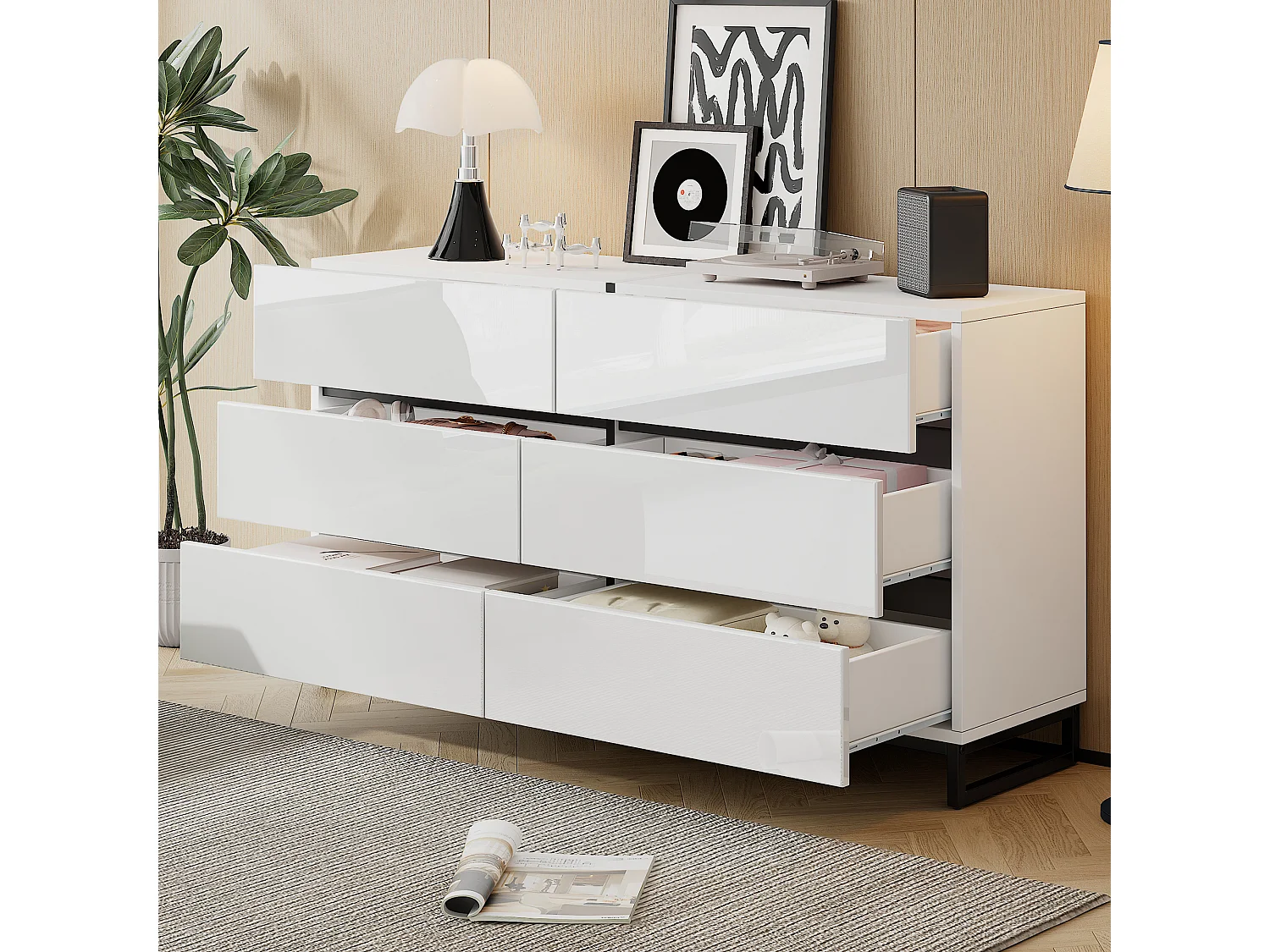 Commode blanche avec 6 tiroirs en finition brillante , pieds en métal noir