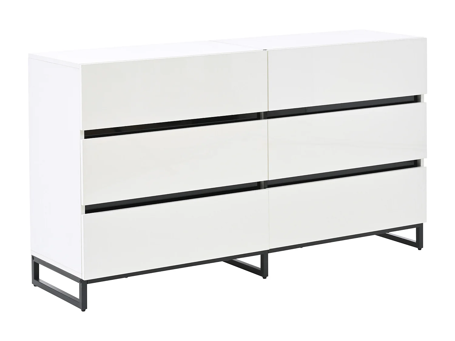 Commode blanche avec 6 tiroirs en finition brillante , pieds en métal noir