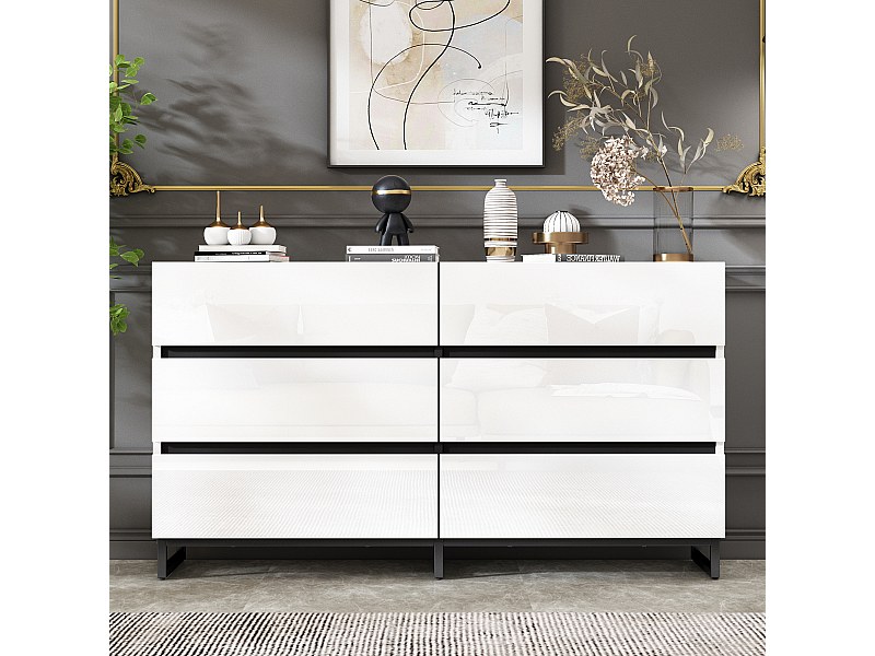 Commode blanche avec 6 tiroirs en finition brillante , pieds en métal noir