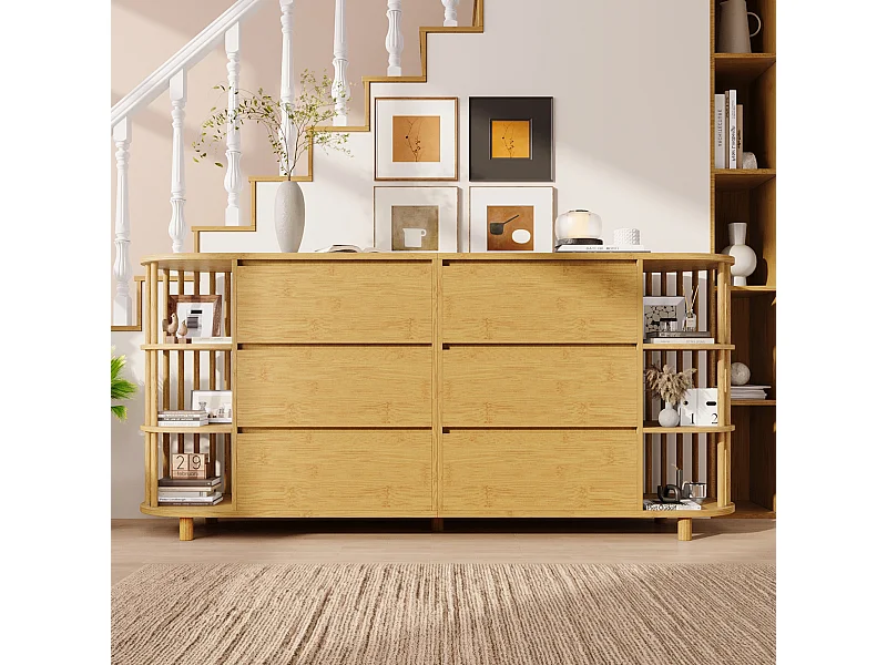 Commode couleur naturelle avec 6 tiroirs et étagères ouvertes, réglable en hauteur