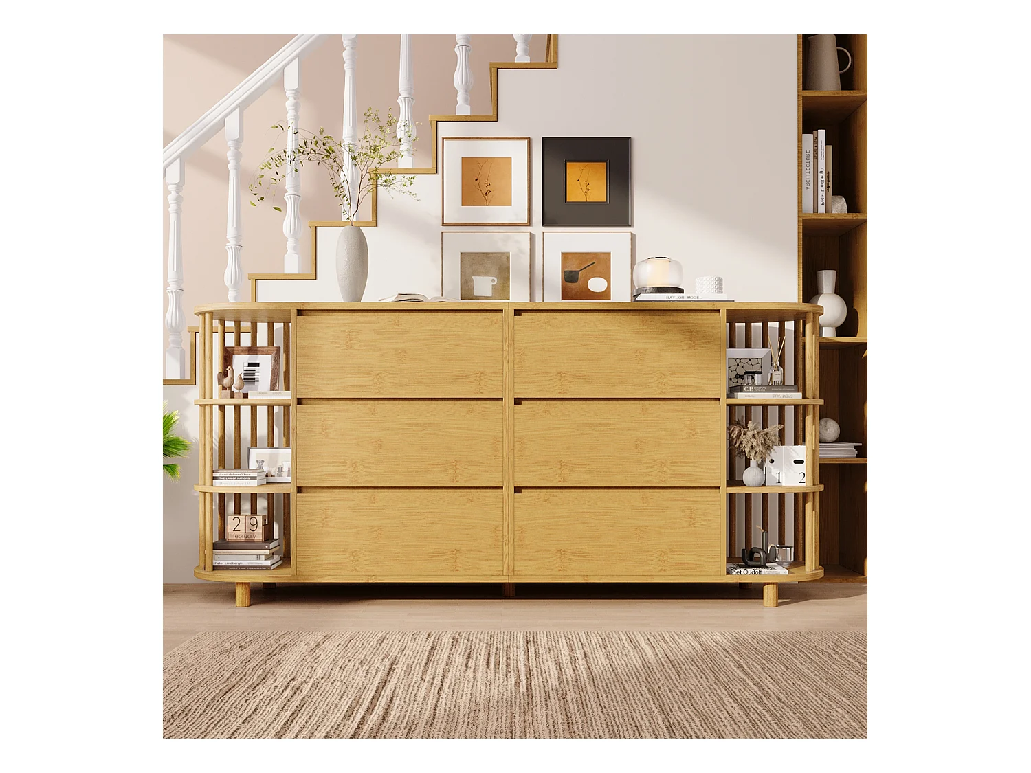 Commode couleur naturelle avec 6 tiroirs et étagères ouvertes, réglable en hauteur