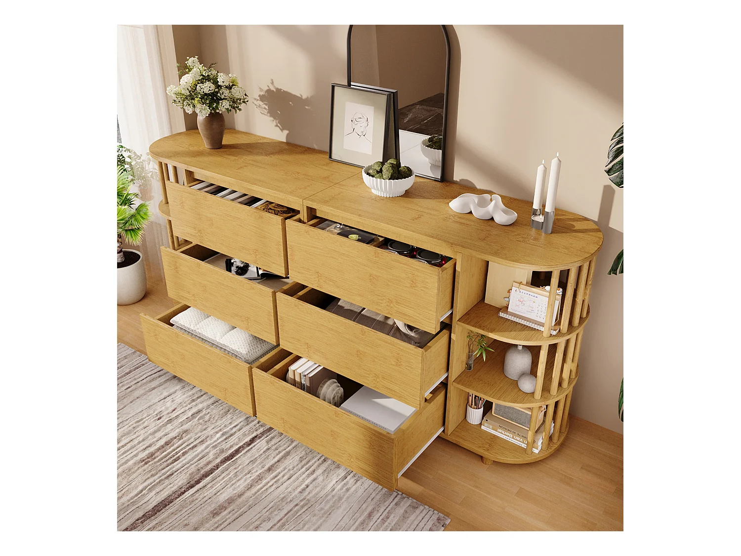 Commode couleur naturelle avec 6 tiroirs et étagères ouvertes, réglable en hauteur