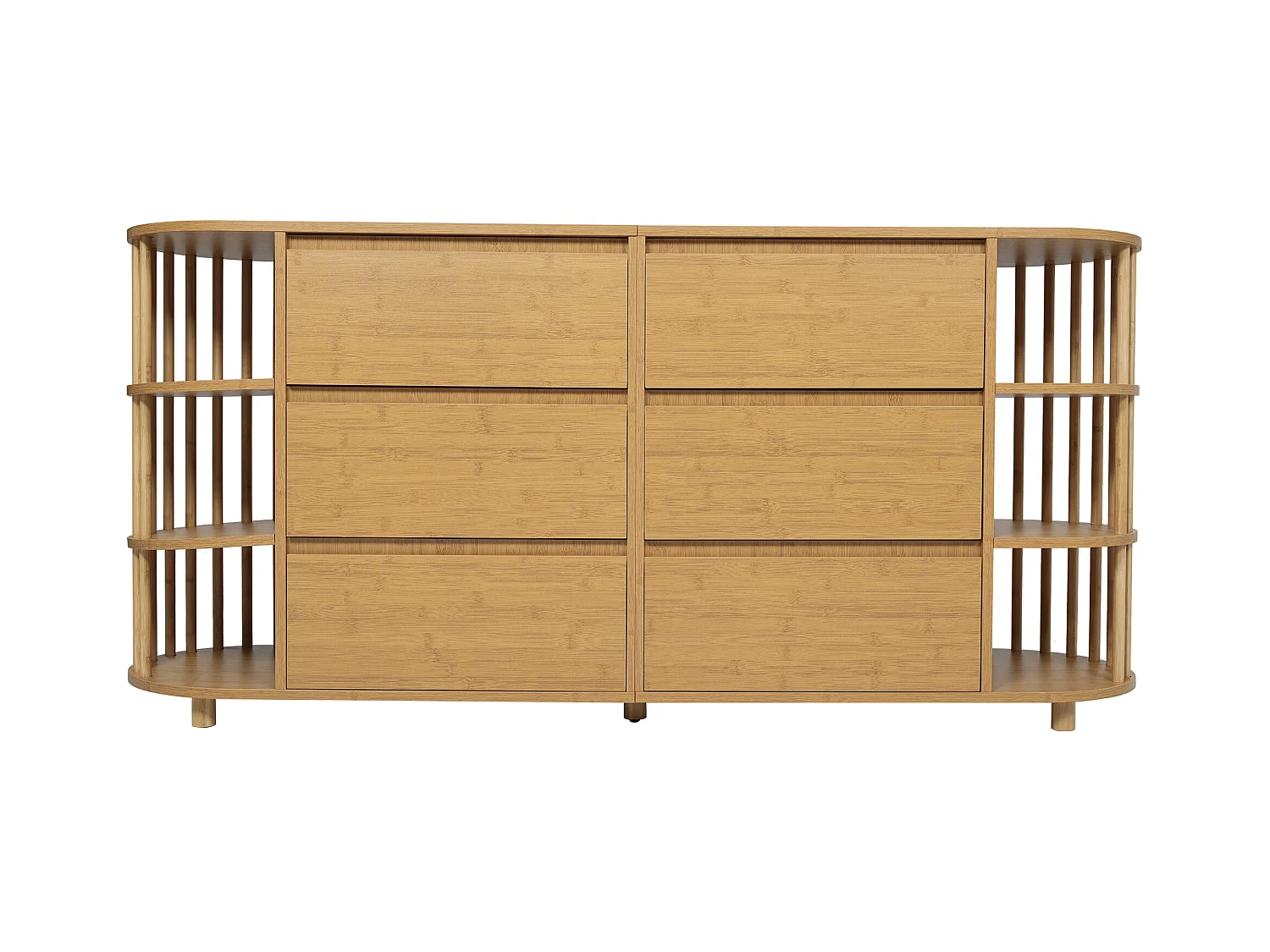 Commode couleur naturelle avec 6 tiroirs et étagères ouvertes, réglable en hauteur