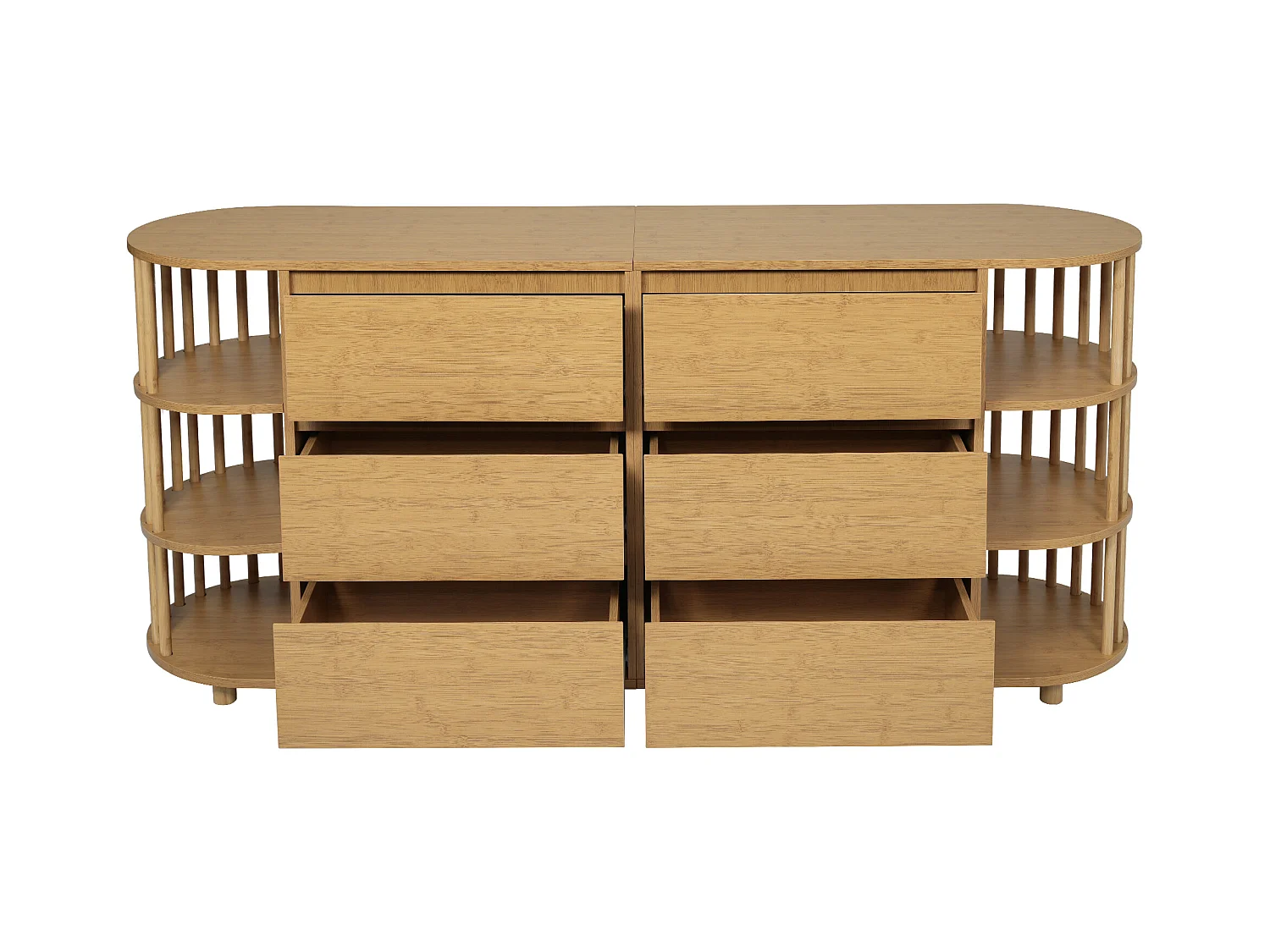 Commode couleur naturelle avec 6 tiroirs et étagères ouvertes, réglable en hauteur