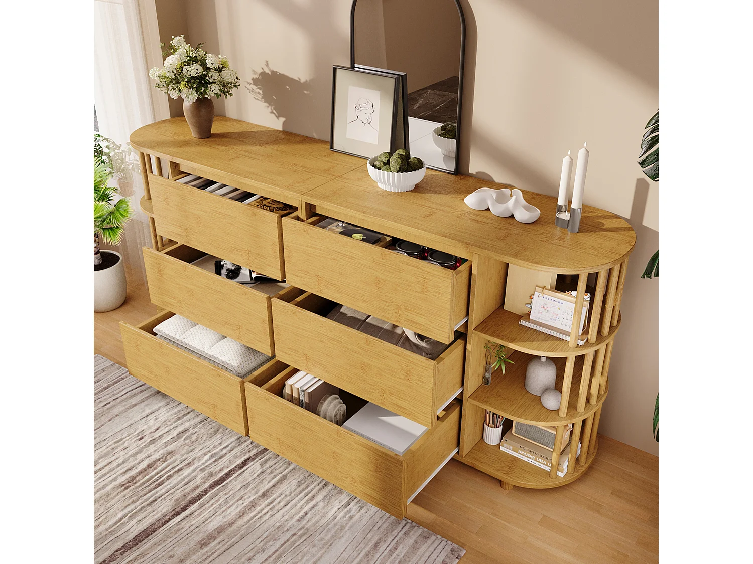 Commode couleur naturelle avec 6 tiroirs et étagères ouvertes, réglable en hauteur