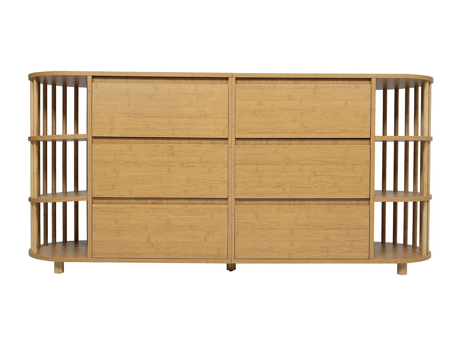 Commode couleur naturelle avec 6 tiroirs et étagères ouvertes, réglable en hauteur