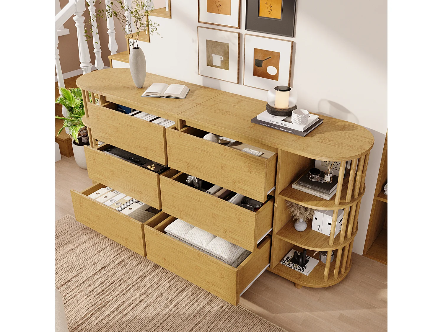 Commode couleur naturelle avec 6 tiroirs et étagères ouvertes, réglable en hauteur