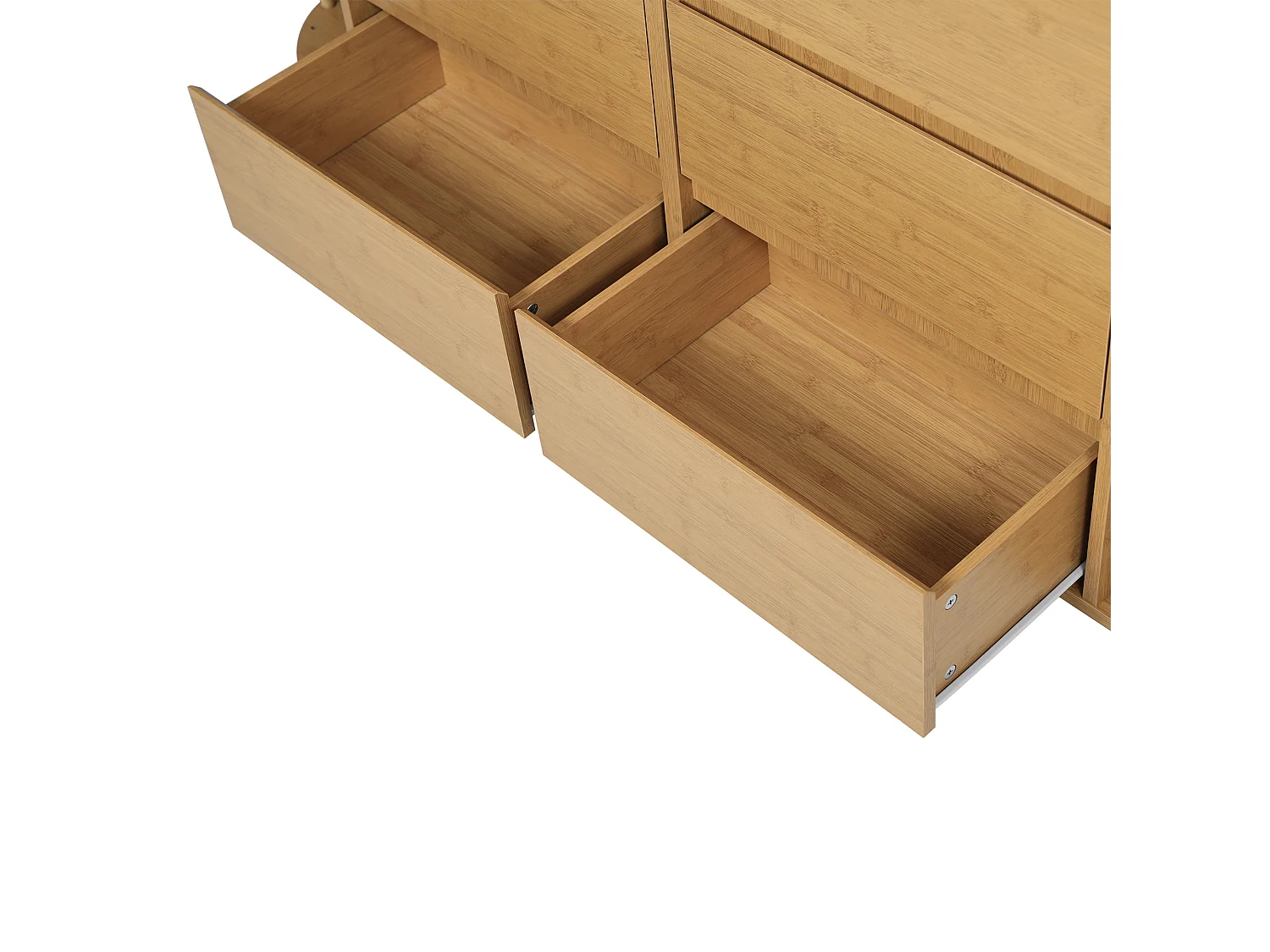 Commode couleur naturelle avec 6 tiroirs et étagères ouvertes, réglable en hauteur