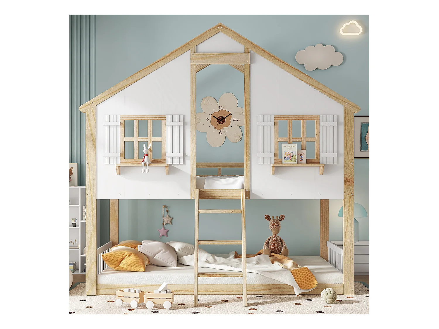 Lit superposé cabane enfant 90x200 cm avec barrière de sécurité et échelle, design fenêtre, couleur blanc et naturel, sans matelas