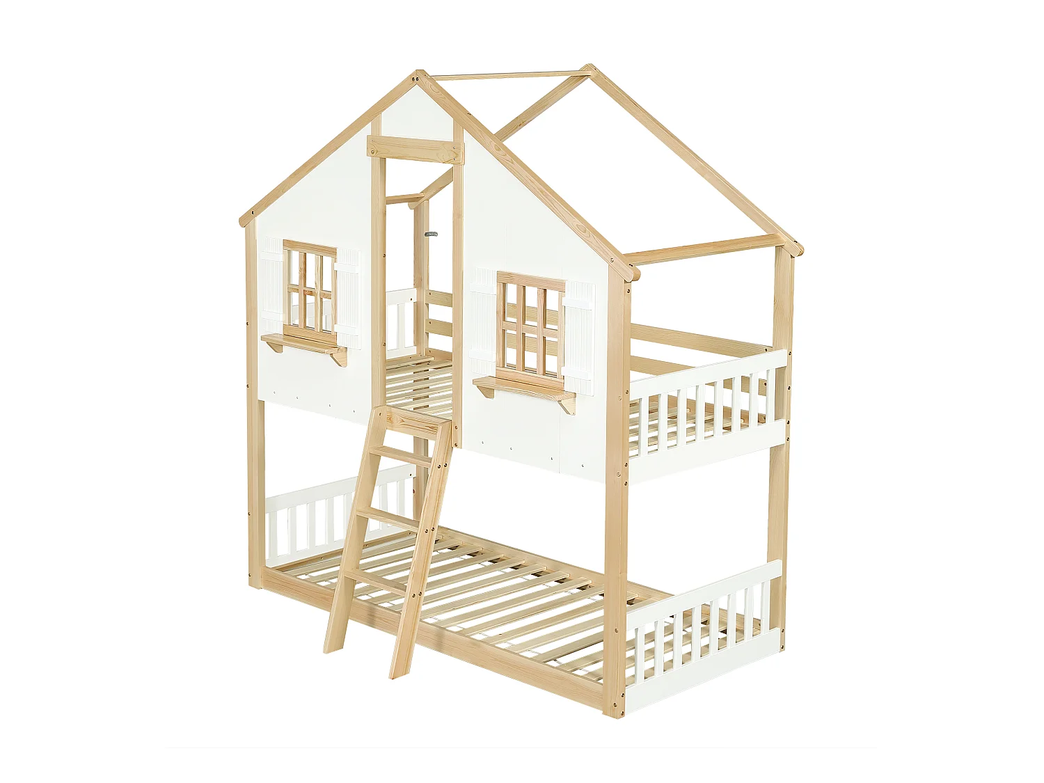 Lit superposé cabane enfant 90x200 cm avec barrière de sécurité et échelle, design fenêtre, couleur blanc et naturel, sans matelas