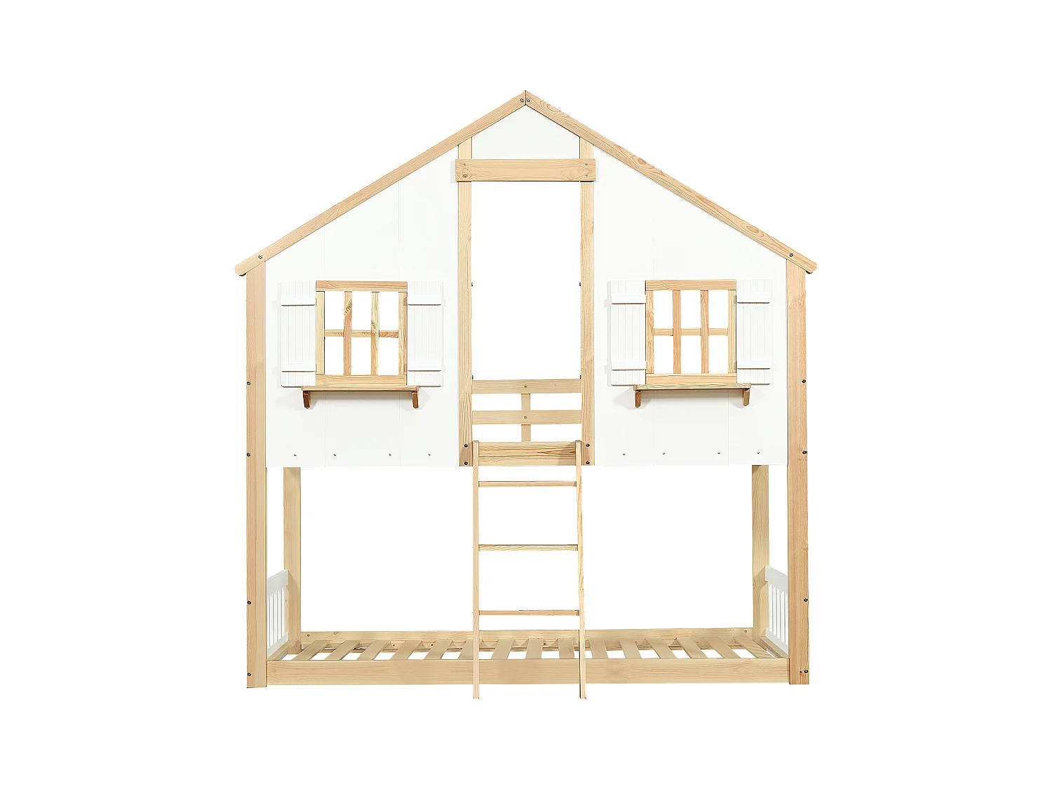 Lit superposé cabane enfant 90x200 cm avec barrière de sécurité et échelle, design fenêtre, couleur blanc et naturel, sans matelas