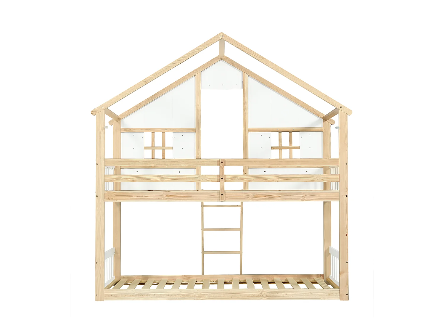 Lit superposé cabane enfant 90x200 cm avec barrière de sécurité et échelle, design fenêtre, couleur blanc et naturel, sans matelas