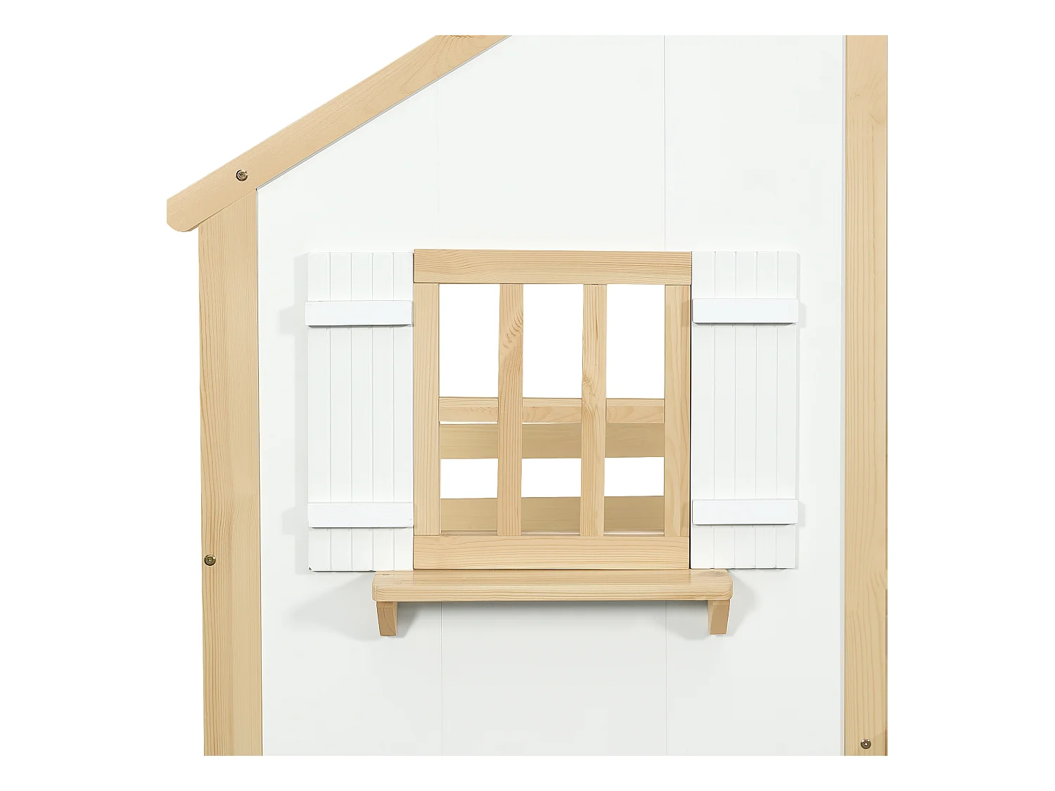 Lit superposé cabane enfant 90x200 cm avec barrière de sécurité et échelle, design fenêtre, couleur blanc et naturel, sans matelas