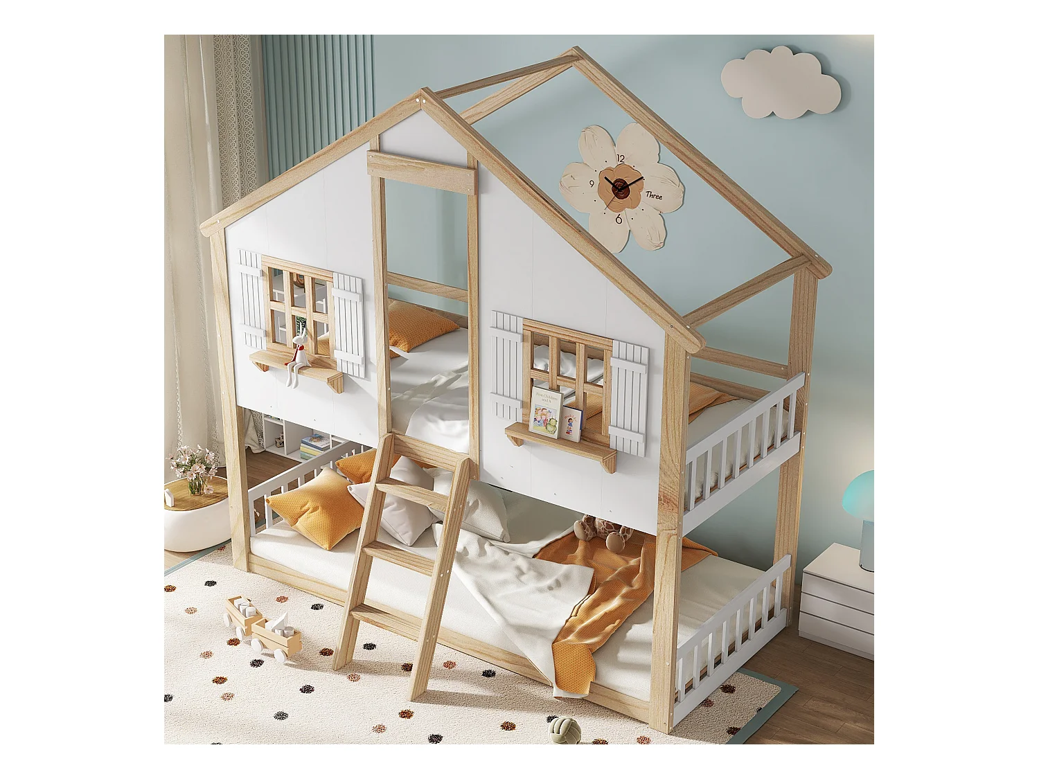 Lit superposé cabane enfant 90x200 cm avec barrière de sécurité et échelle, design fenêtre, couleur blanc et naturel, sans matelas