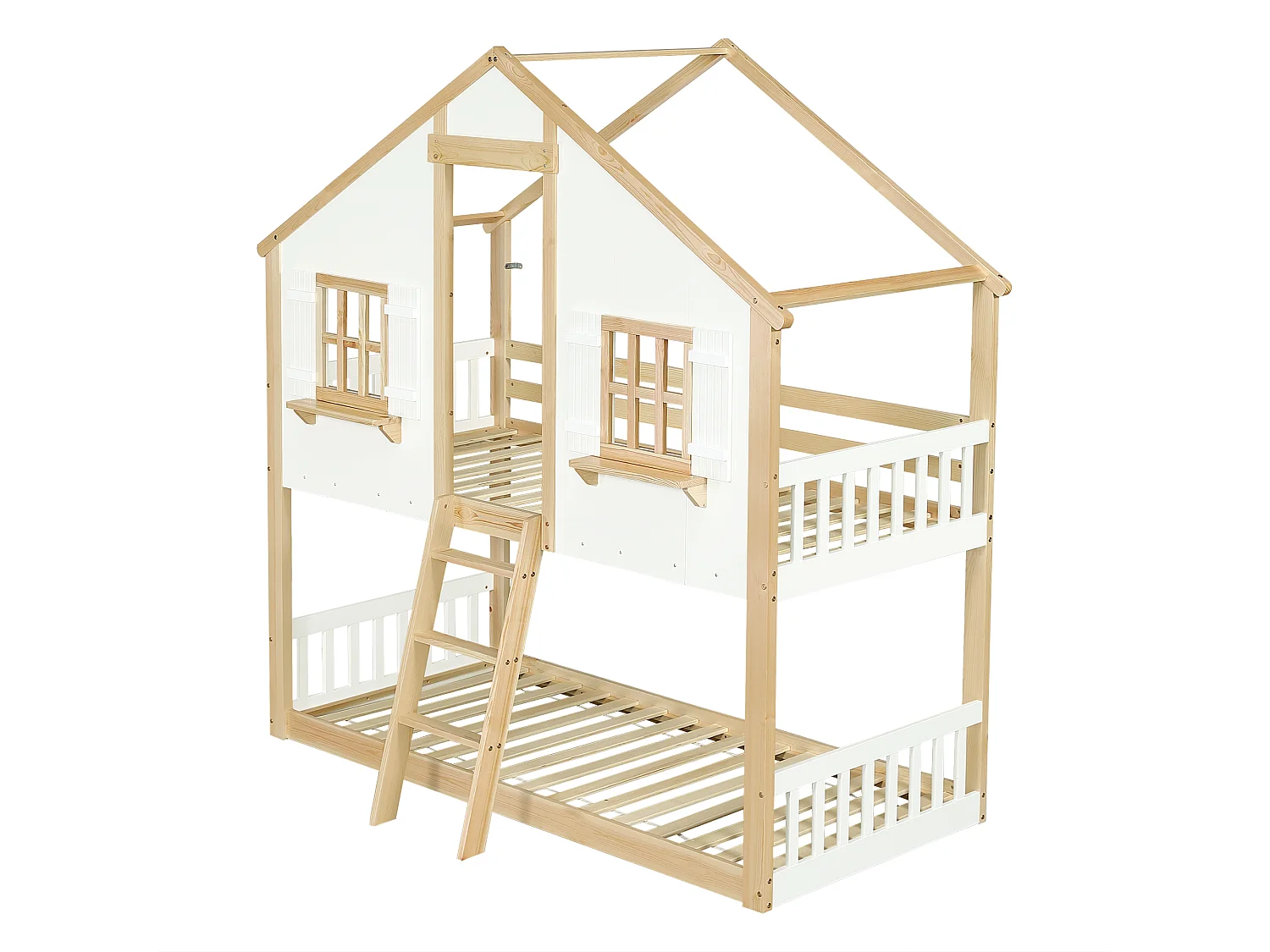 Lit superposé cabane enfant 90x200 cm avec barrière de sécurité et échelle, design fenêtre, couleur blanc et naturel, sans matelas