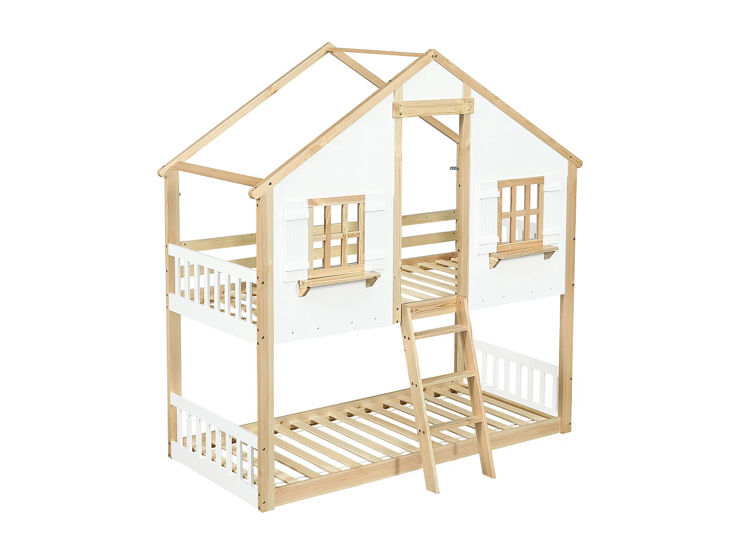 Lit superposé cabane enfant 90x200 cm avec barrière de sécurité et échelle, design fenêtre, couleur blanc et naturel, sans matelas