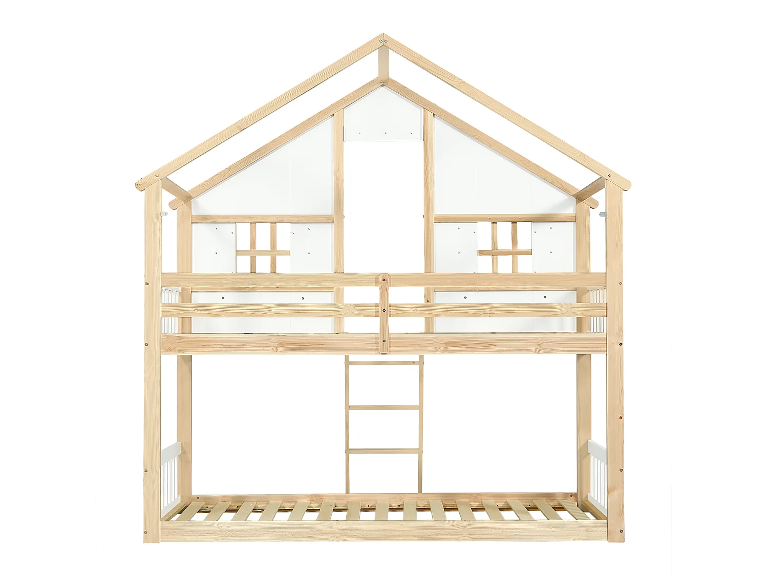 Lit superposé cabane enfant 90x200 cm avec barrière de sécurité et échelle, design fenêtre, couleur blanc et naturel, sans matelas