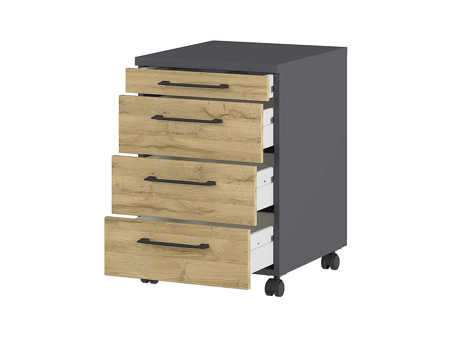 Rollcontainer in Wildeichefarben und Dunkelgrau vier Schubladen